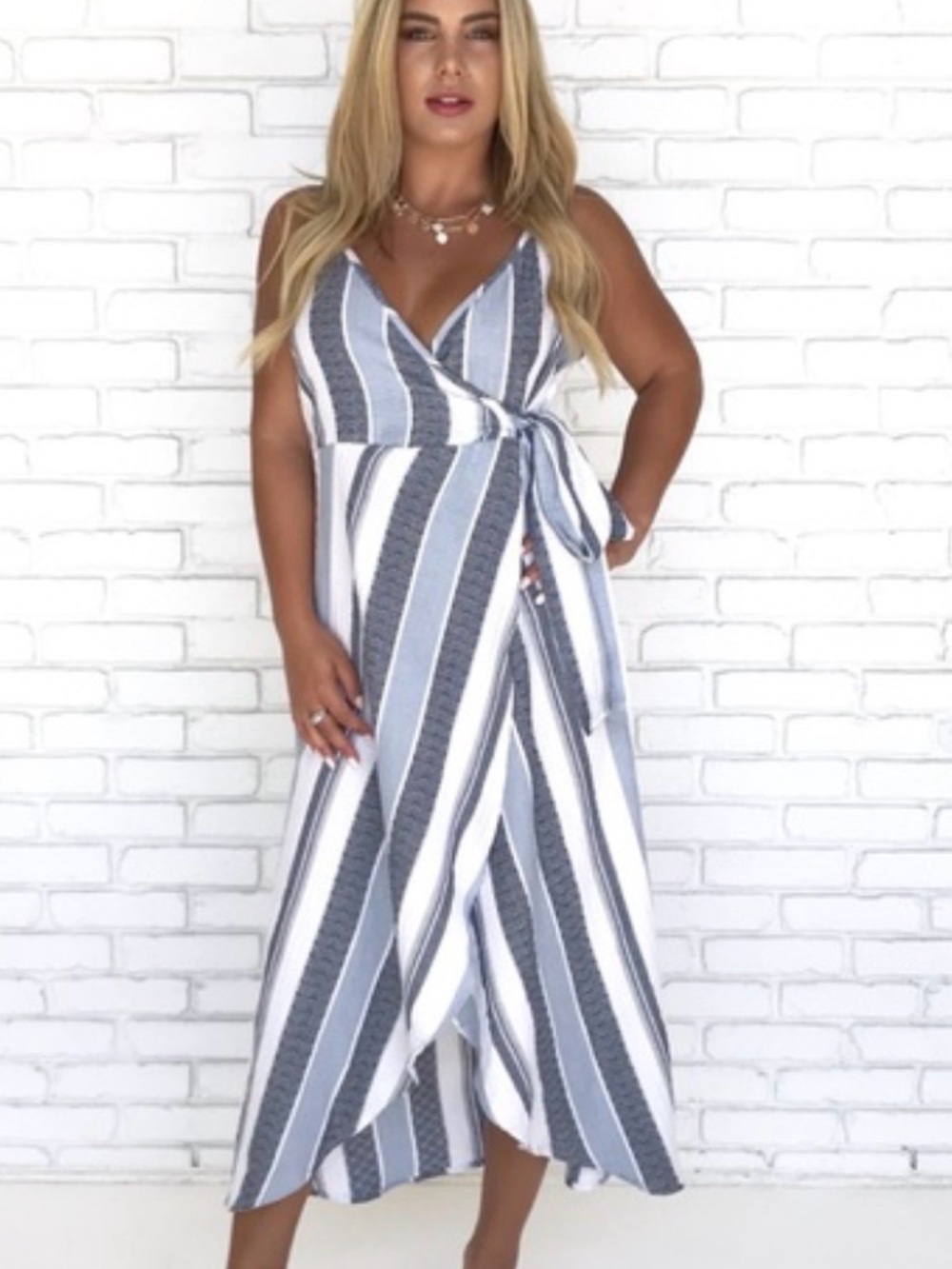 Dainty Hooligan Blue, White & Gray Striped Wrap dress